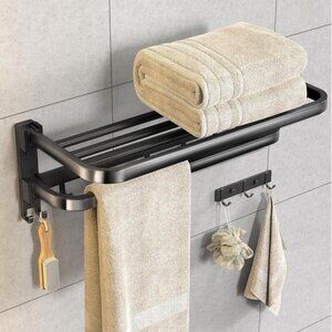 Wall-Mounted Black Foldable Towel Rack With Shelf & Hooks